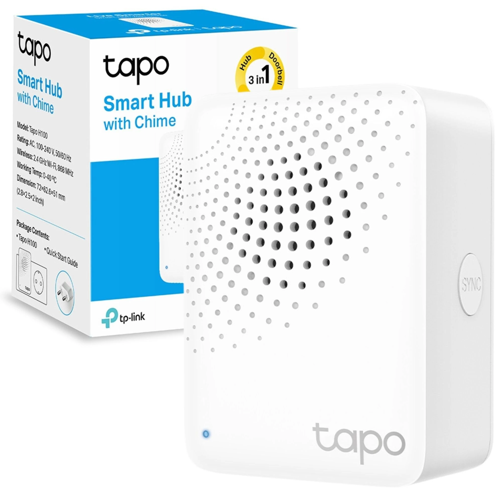 Tapo H100 Smart Hub with Chime, Works with Tapo Doorbell Camera, Smart Switch, Button and Sensor,Whole-Home Coverage,Connect Up to 64 Devices,19 Ringtones,Energy-Efficient, Quick and Easy Setup