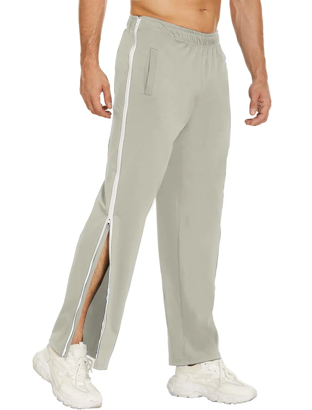 Deyeek Mens Tear Away Basketball Pants 2 Side Zippers Snap Off Full Open Down Sweatpants Leg Post Surgery Pant with Pockets, Light Grey, Large - Image 1
