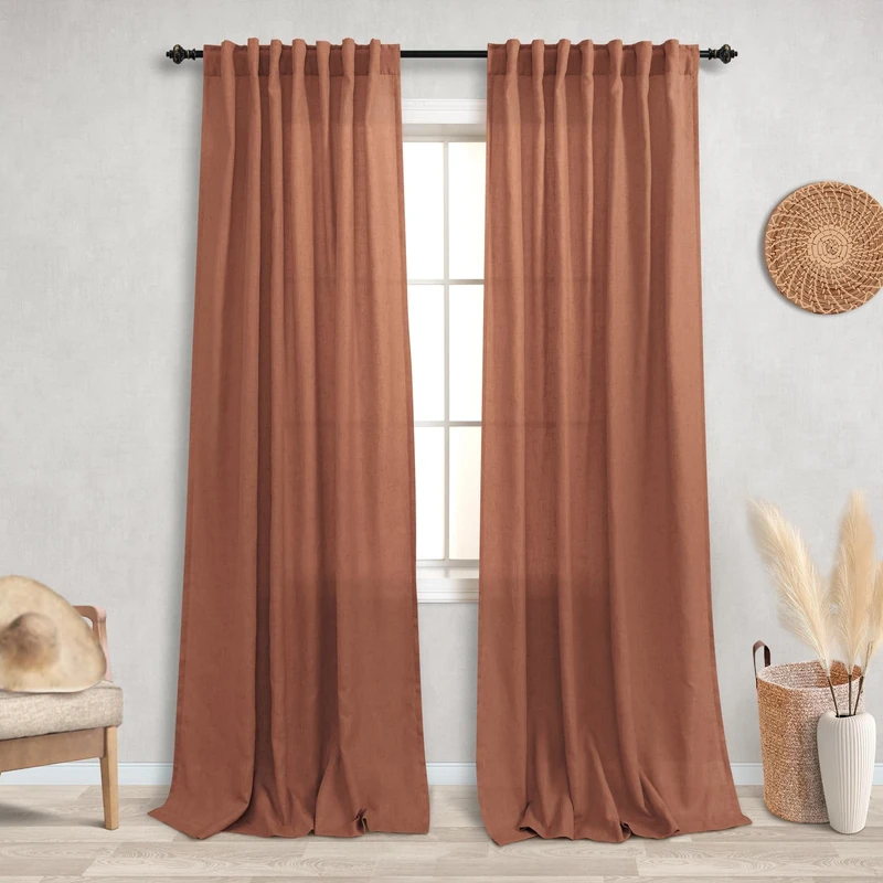 KOUFALL Terracotta Linen Curtains for Living Room Boho Fall Decor Set of 2 Panels Rod Pocket Back Tab Semi Sheer Thanksgiving Brick Rust Burnt Curtains for Dining Room Bedroom, 52x84