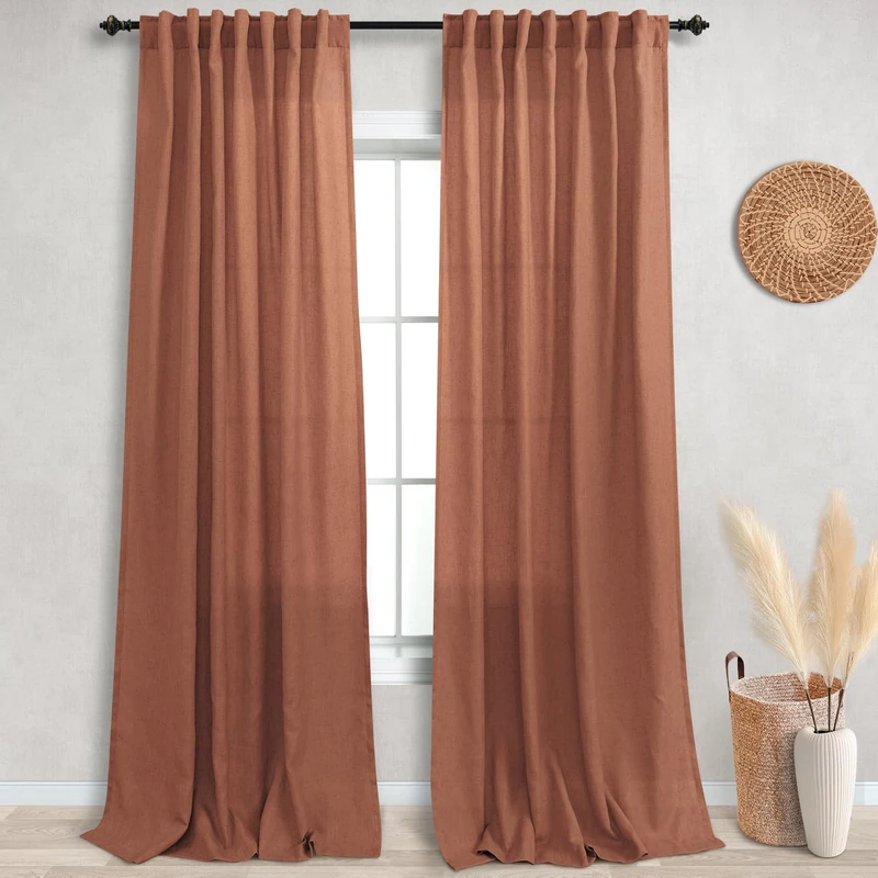 KOUFALL 9FT Curtains for Living Room,Linen Boho Drapes Sheer Colorful Hippie Curtains for Bedroom 2 Panels,108 Inches Long,9 FT Length,Terracotta Rust