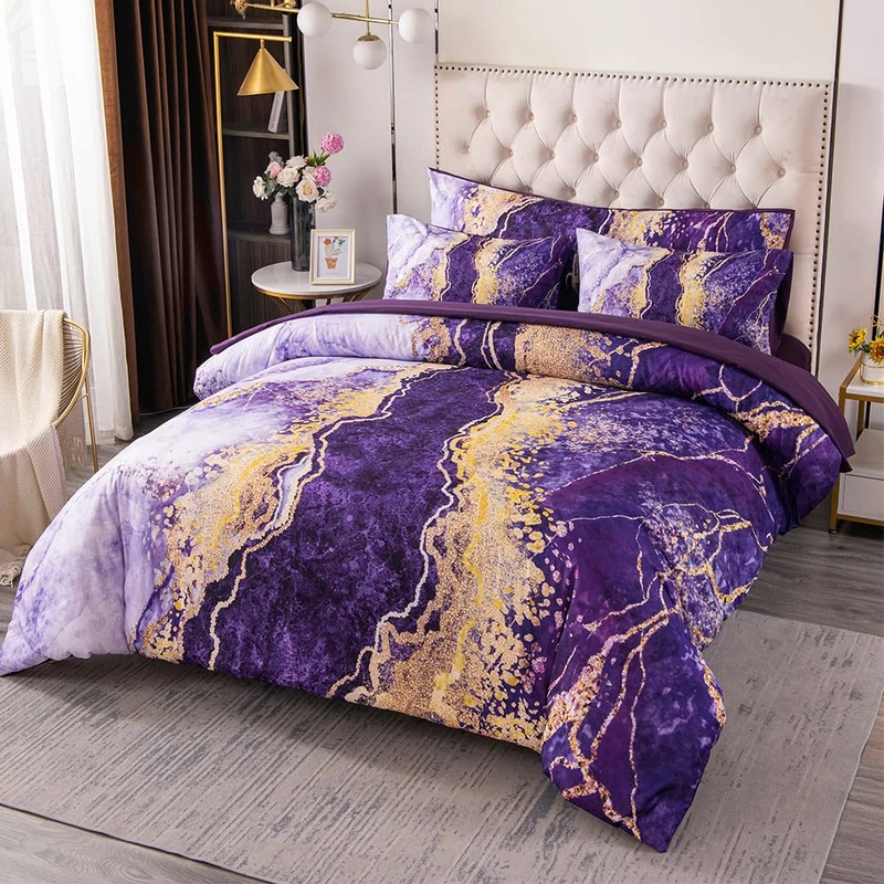 PERFEMET 6 Pcs Bed-in-A-Bag Purple Watercolor Marble Pattern Comforter Colorful Abstract Artwork Bedding Set Modern Ultra Soft Lightweight Comforter Set for All Season Use(Purple, Full)