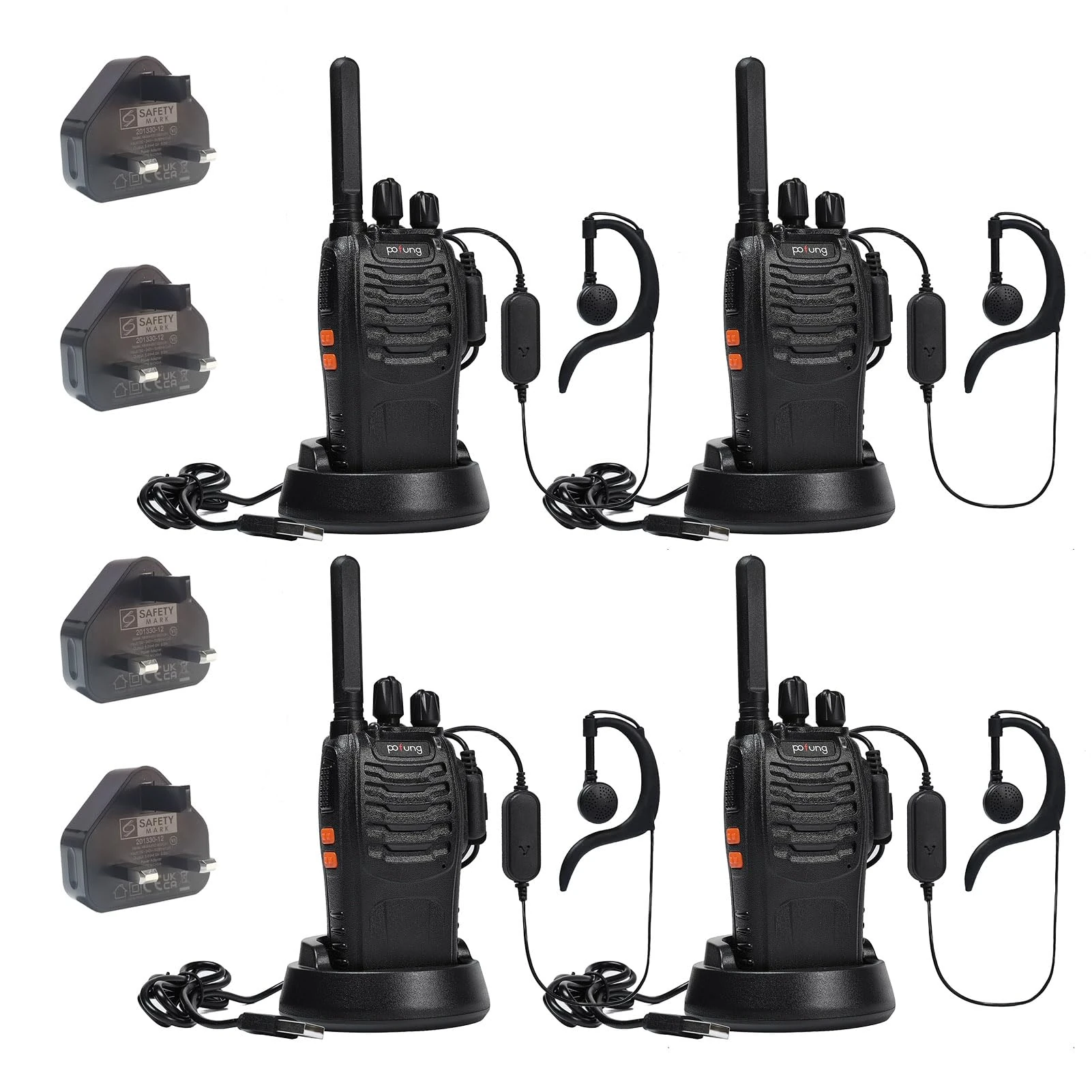 Walkie Talkie PMR446 Two Way Radio Long Range pofung PT88E Professional License-free Radio 16 Channels Rechargeable Walkie Talkies for Adults with VOX LED Light Earpieces(Black, 4 Pack)