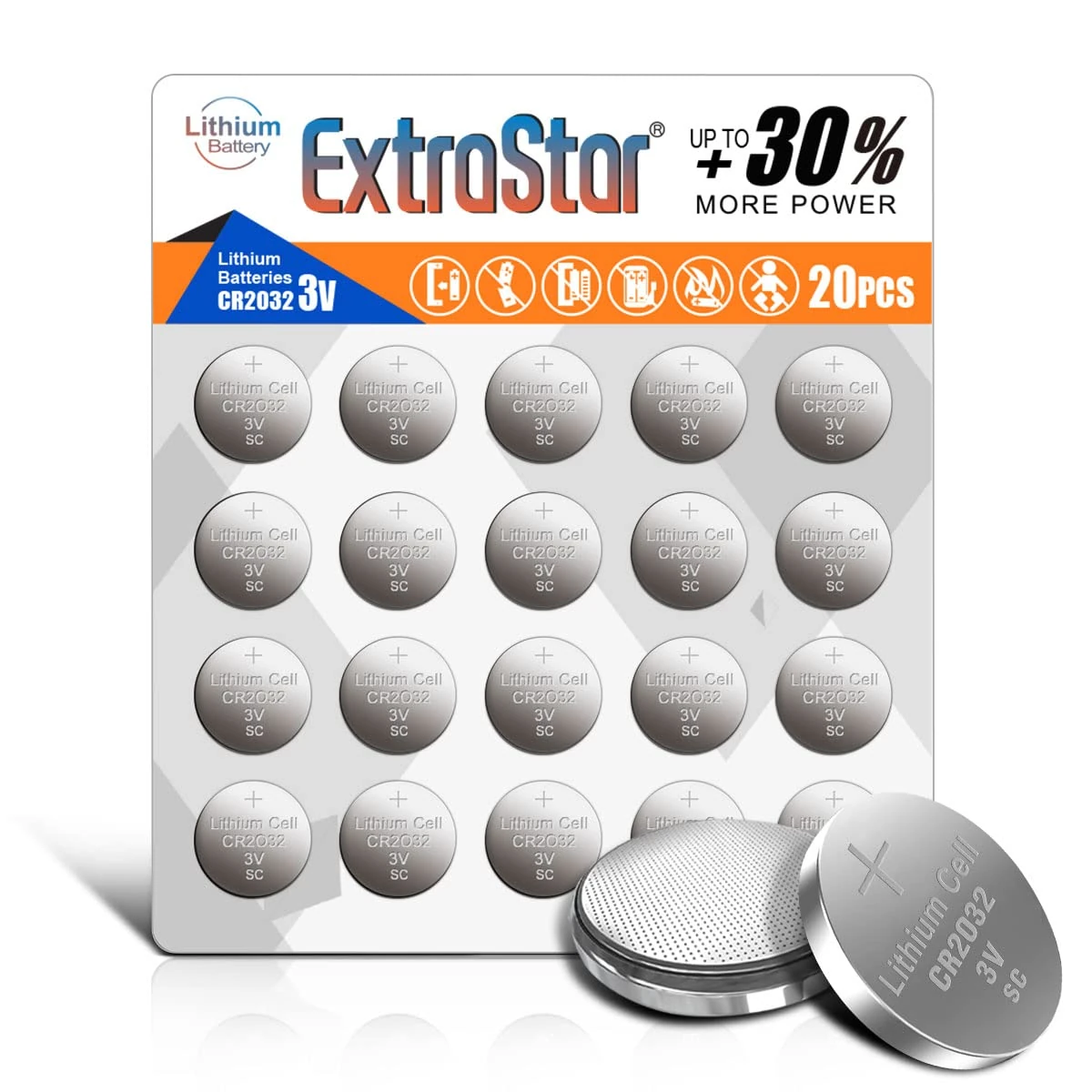 EXTRASTAR CR2032 Batteries alkaline 3V non-rechargeable lithium button battery, 2032 batteries for Keyfobs, Toys, Medical devices, Calculators, and More, Pack of 20