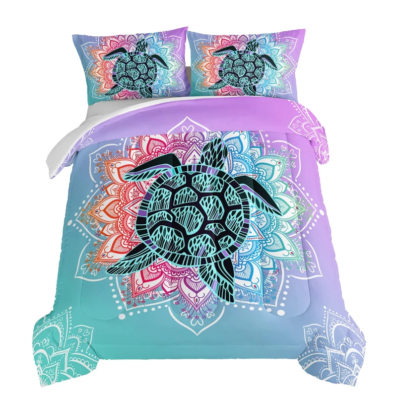 HOSIMA Sea Turtle Comforter,Coastal Beach Themed Comforter Set Queen Size for Kids Teen Girls Boys Room Decor,Mandala Turtle Comforter Bed Set Twin Size with 2 Pillowcases.