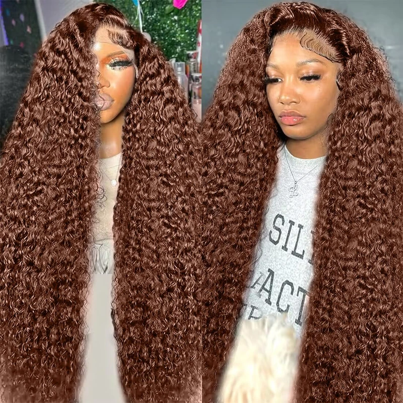 ghotool 250% Density Mongolian Curly Lace Front Wig Human Hair 13x6 Chestnut Brown HD Transparent Lace Front Human Hair Wigs for Women with Baby Hair