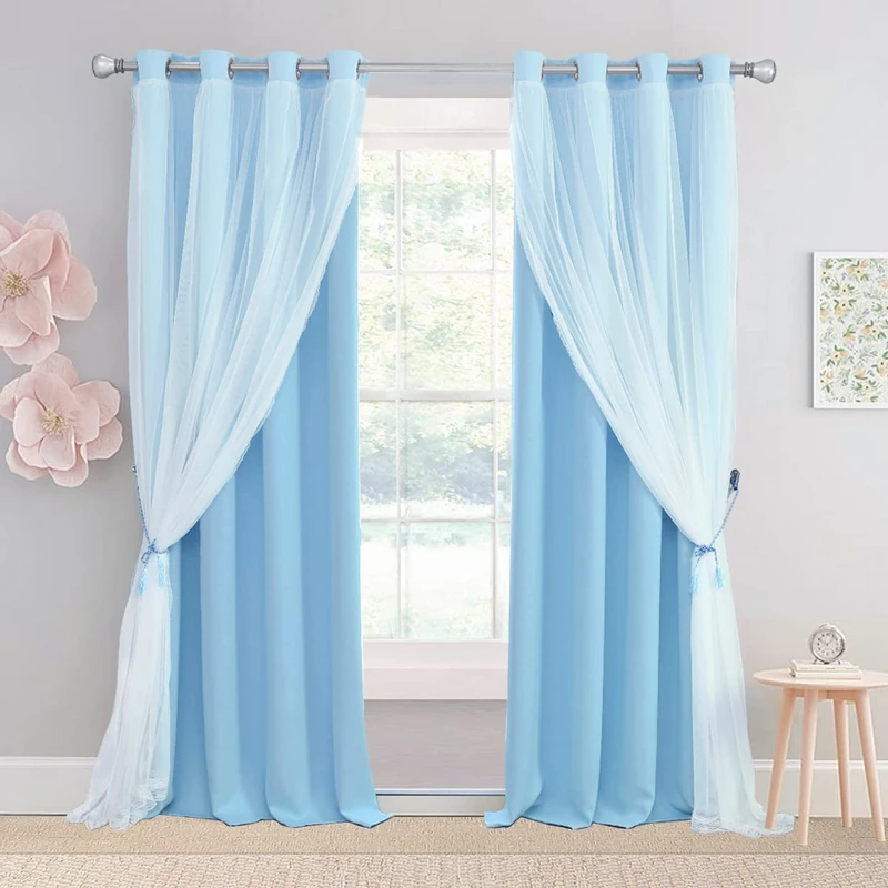 SOFJAGETQ Blue Curtains 90 inch Length 2 Panels Set - Double Layered Blackout Curtain Drapes with White Sheer Voile and Lace Hem for Kids/Girls Bedroom Living Room Nursery (52x90 inch, Sky Blue)