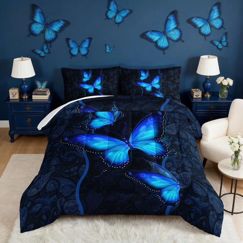 HOSIMA Blue Butterfly Comforter Set for Girls Bedroom Set,Mandala Bedding Boho Floral Twin Comforter Set,Butterfly Print Bed Set Queen Size with 2 Pillowcases.