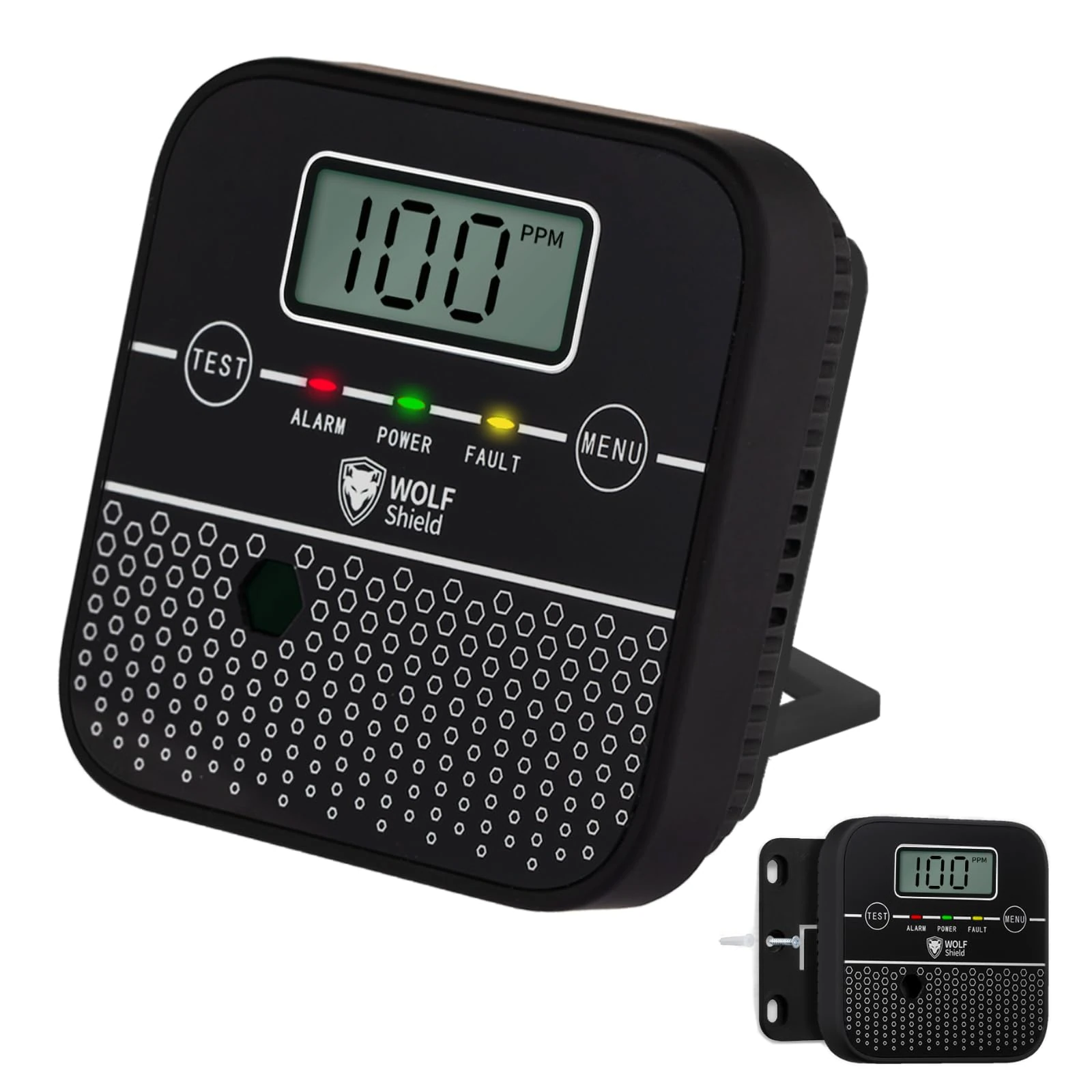 WOLF SHIELD Carbon Monoxide Detector 10 Year Sealed Battery Life Mini Carbon Monoxide Alarm CO Monitor Sensor with Free Standing LCD Display Test Silence Function for Home Caravan, Campervan,Car,Etc