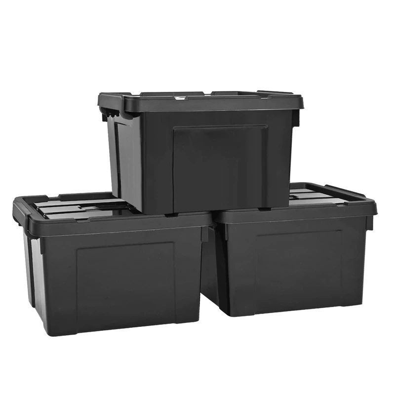 HOHAOO Storage Boxes,Set of 3 40L Heavy Duty Stackable Storage Boxes Nestable Black Plastic with Lids and Box Clip Locked for Shelves and Garage