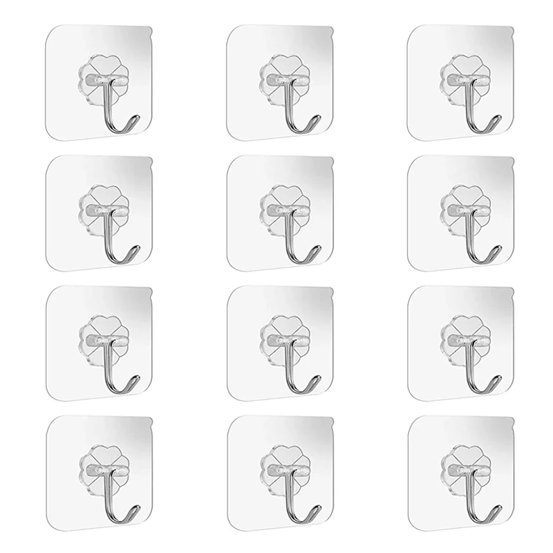Adhesive Wall Hooks Bathroom Kitchen 12 Packs Heavy Duty 22lb(Max) Nail Free Sticky Hangers with Stainless Utility Towel Bath Ceiling Hooks