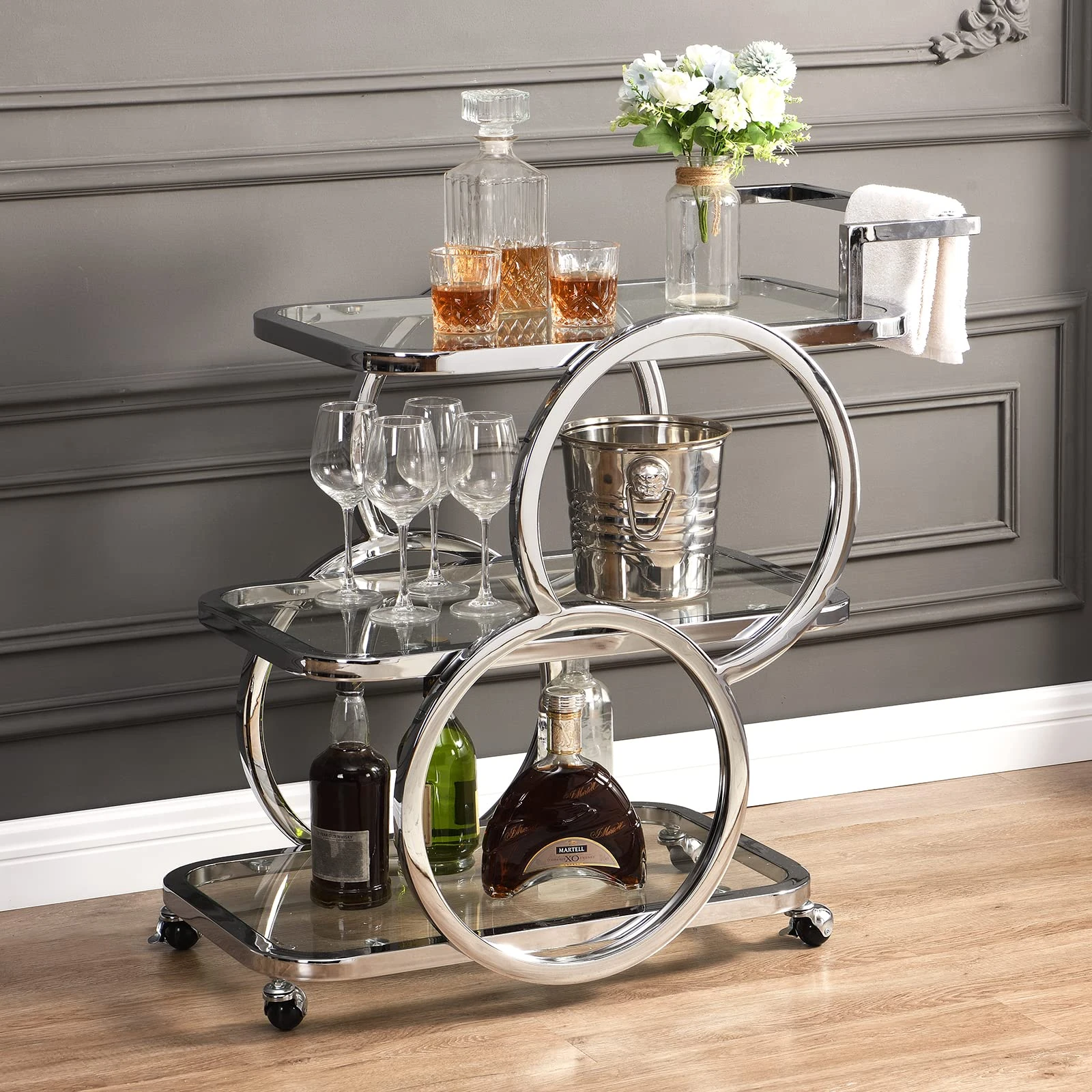 FERFALDER Home Bar Serving Carts 3 Tier Kitchen Carts on Wheels Mobile Bar Carts for Home Kitchen Dining Room Living Room Party, Chrome