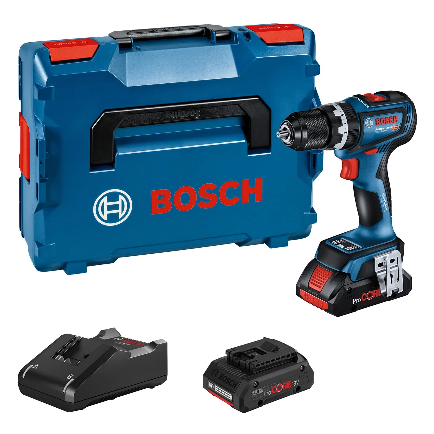 Bosch Professional 18V System Cordless Drill-Driver GSB 18V-90 C (incl. 2 x PROcore 4.0 Ah Batteries, 18V-40 GAL Charger, in L-BOXX)