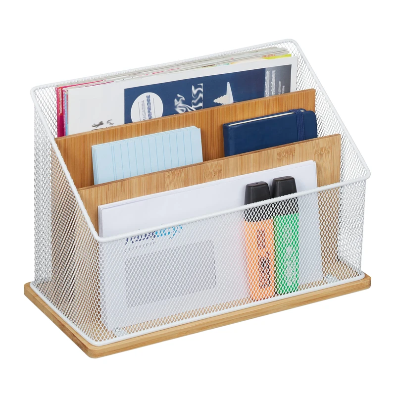 Relaxdays Desk Organiser, Metal & Bamboo, 3 Compartments, Letter Tray, Paper Stand, HWD: 20 x 29 x 14 cm, White/Natural