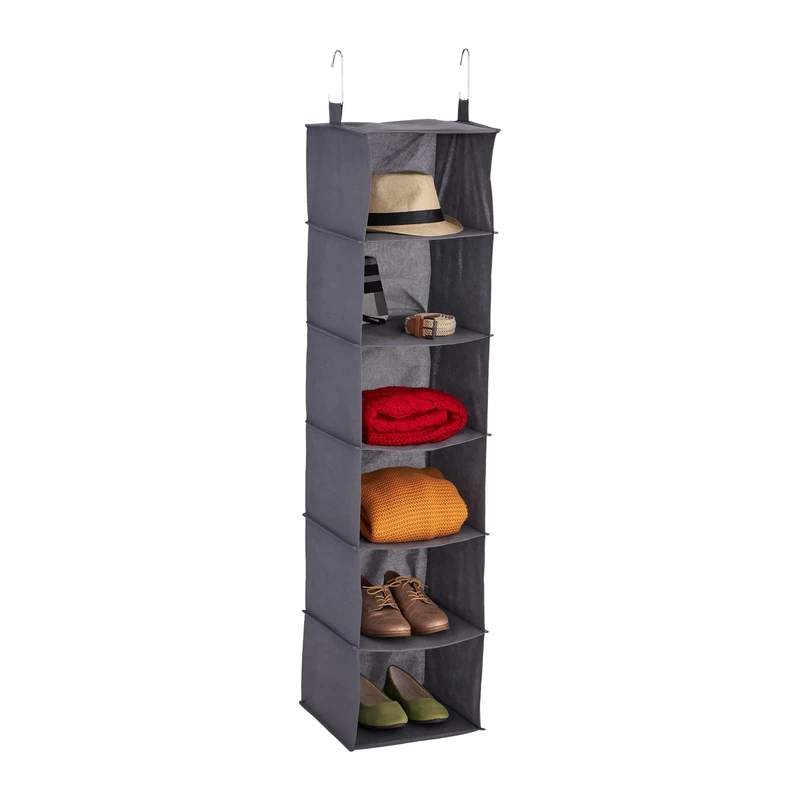 Relaxdays Hanging Wardrobe Storage, Shoes & Clothes, 6 Compartments, Fabric, HWD: 139x30x30cm, 2 Hooks, Suspending, Grey, Fleece