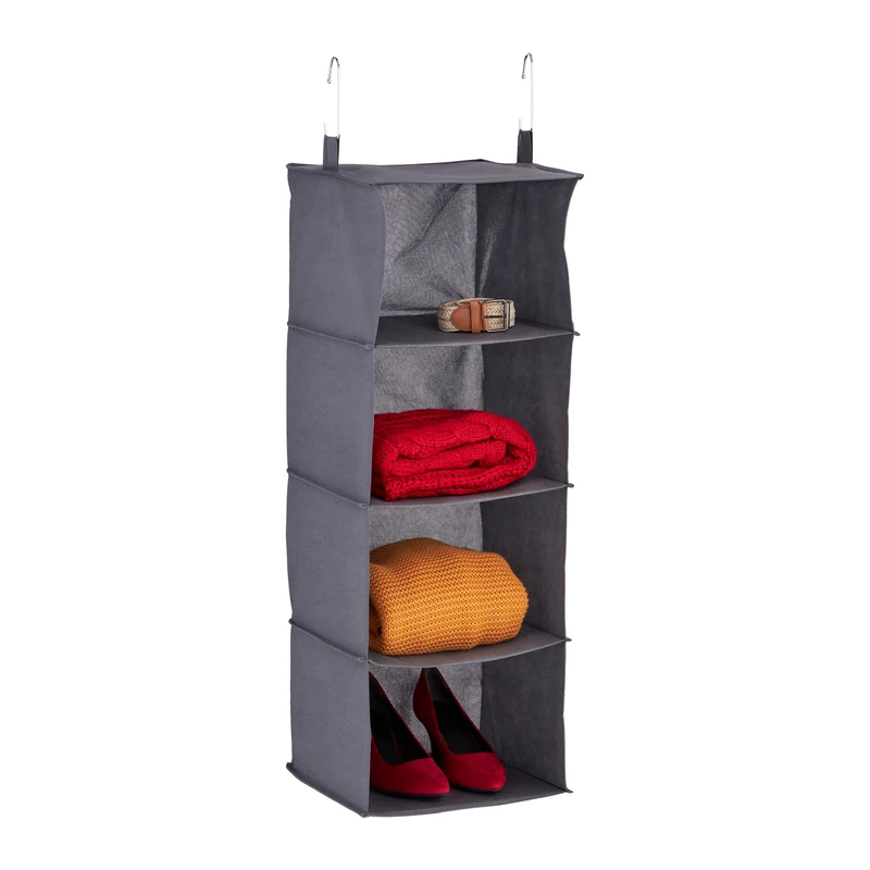 Relaxdays Hanging Wardrobe Storage, Shoes & Clothes, 4 Compartments, Fabric, HWD: 97x30x30 cm, 2 Hooks, Suspending, Grey, Fleece