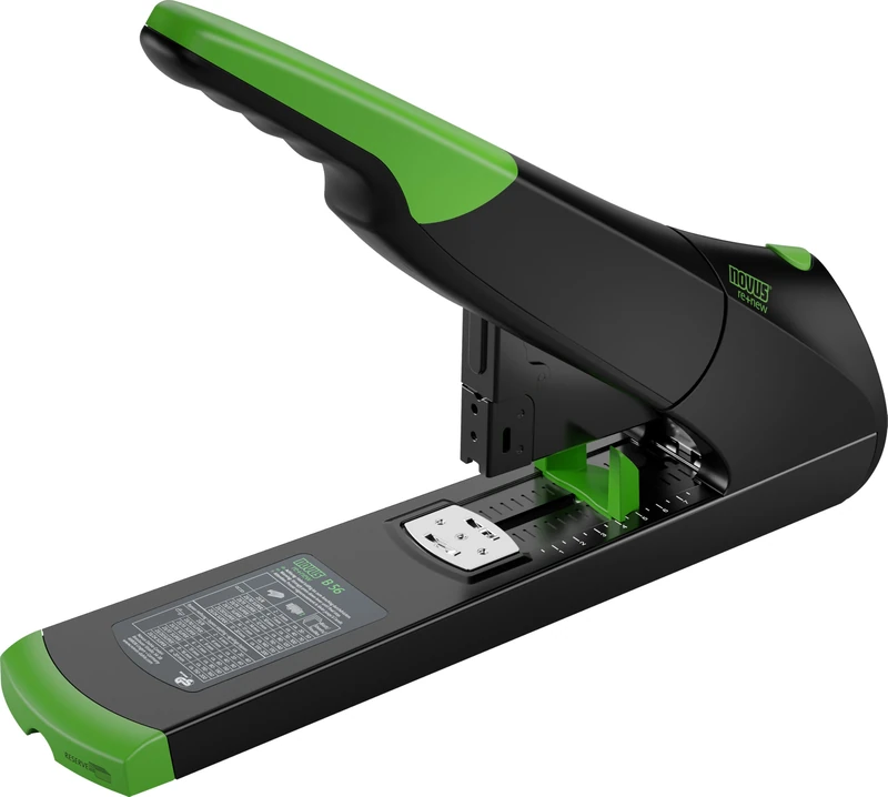 Novus B 56 re+New Sustainable Block Stapler (Staple Capacity 200 Sheets, Variable Insertion Depth up to 75 mm, Full Metal Device with Plastic Coating Made from 82% Recycled Plastic), Black, Green