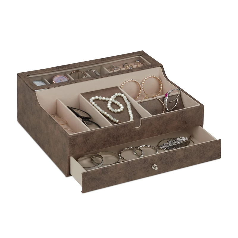 Relaxdays Jewellery Organiser with Lid, Leather Look, Velvet, Jewelry Box for Ladies & Gents, HWD: 13 x 34 x 31cm, Brown