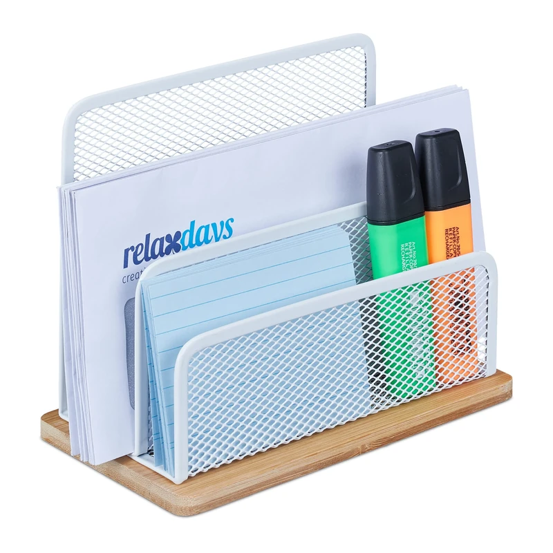 Relaxdays Desk Organiser, Metal & Bamboo, 3 Compartments, Letter Tray, Paper Stand, HWD: 15x18.5x10 cm, White/Natural