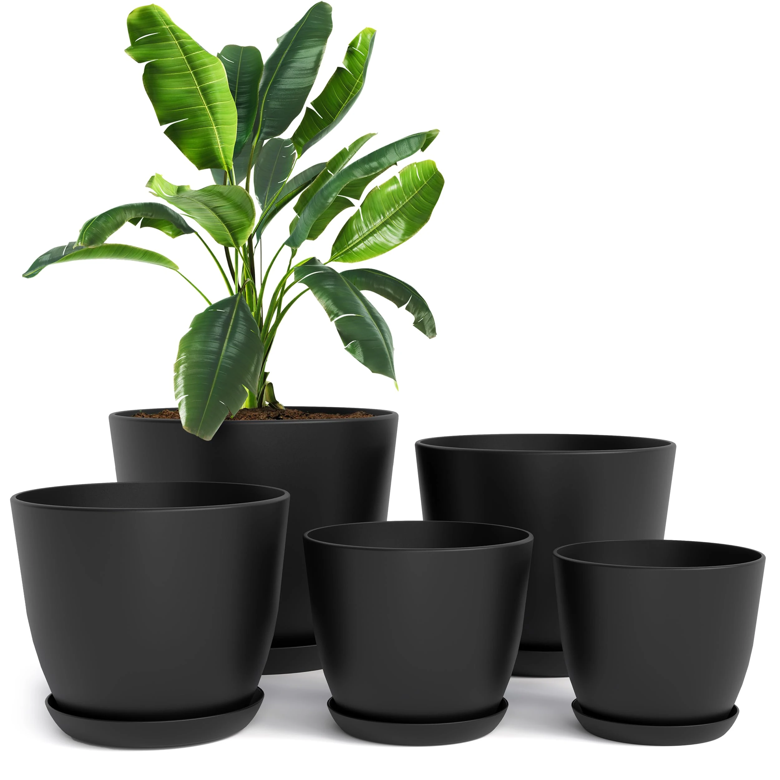 Utopia Home Plastic Planters Black, Flower Nursery Pots Indoor Modern Decorative Plastic Pots for Plants, Succulents, Flowers, and Cactus 5 Pack, Multisize