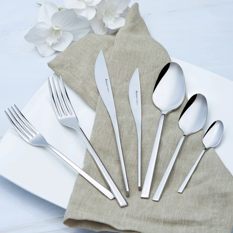Karaca New Everest 84-Piece Cutlery Set for 12 People - 18/10 Stainless Steel, Dinnerware Tableware Silverware Service, Includes Fork, Spoon, Knife, Dessert Fork,Teaspoon, Mirror Polished, Silver