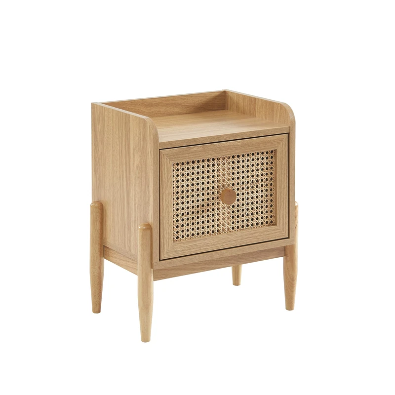 BAÏTA PABLO Bedside Table in Oak Effect and Rattan Weave, 40cm