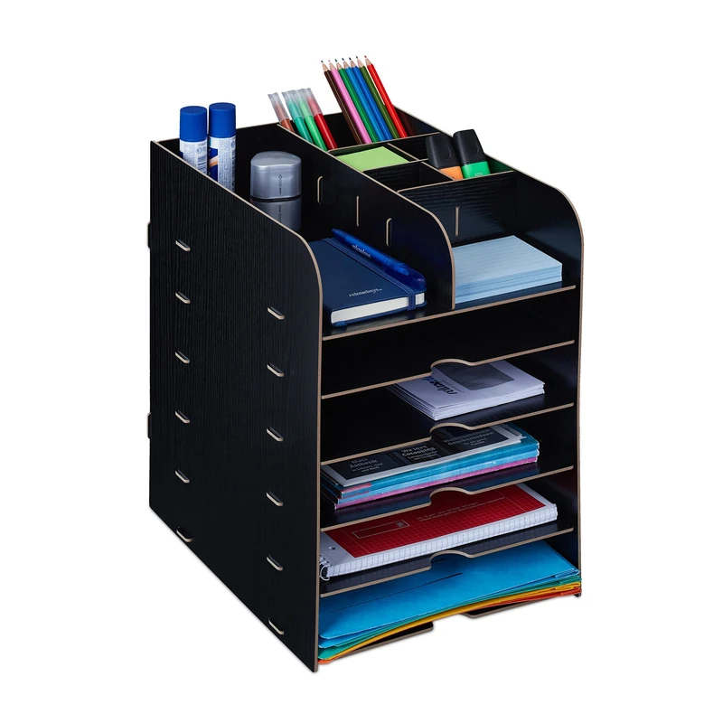 Relaxdays Desk Organiser, 12 Compartments, Letter, Office Document Tray, A4 Format, HWD: 34.5 x 25 x 32 cm, Black, Fibreboard