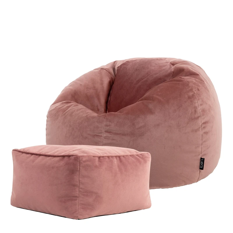 icon Kingston Velvet Bean Bag with Footstool, Dusk Pink, Large Adult Bean Bag Chair with Filling Included, Accent Chair, Pouffe Footstool, Living Room, Living Room Furniture, Bedroom Furniture