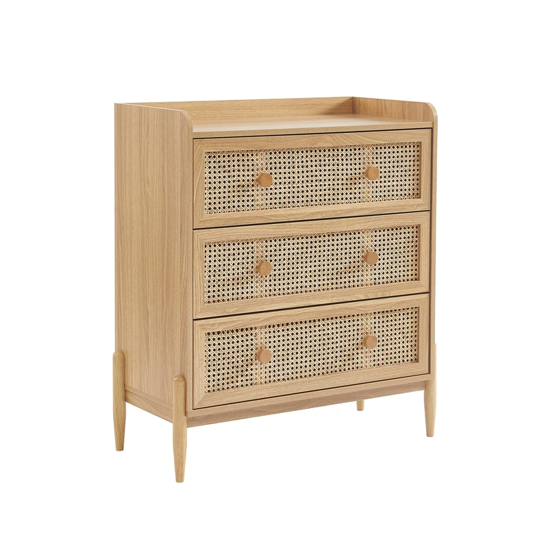 BAÏTA PABLO Chest of Drawers, oak effect and rattan cane, 3 drawers, 80cm - Image 1