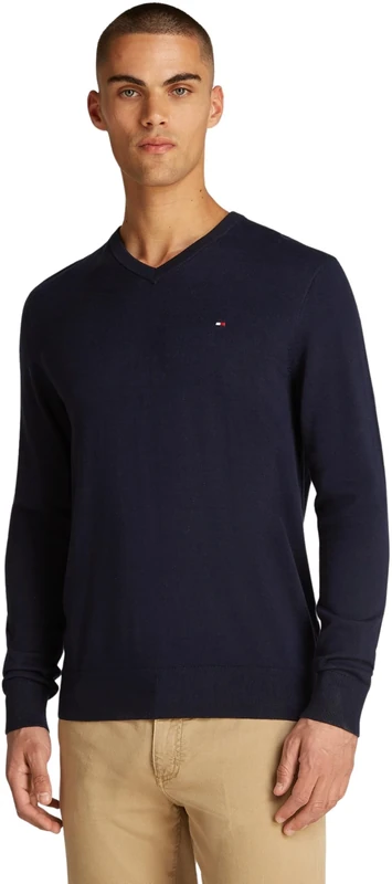 Tommy Hilfiger Men’s V-Neck Essential Cotton Jumper, Blue (Desert Sky), M