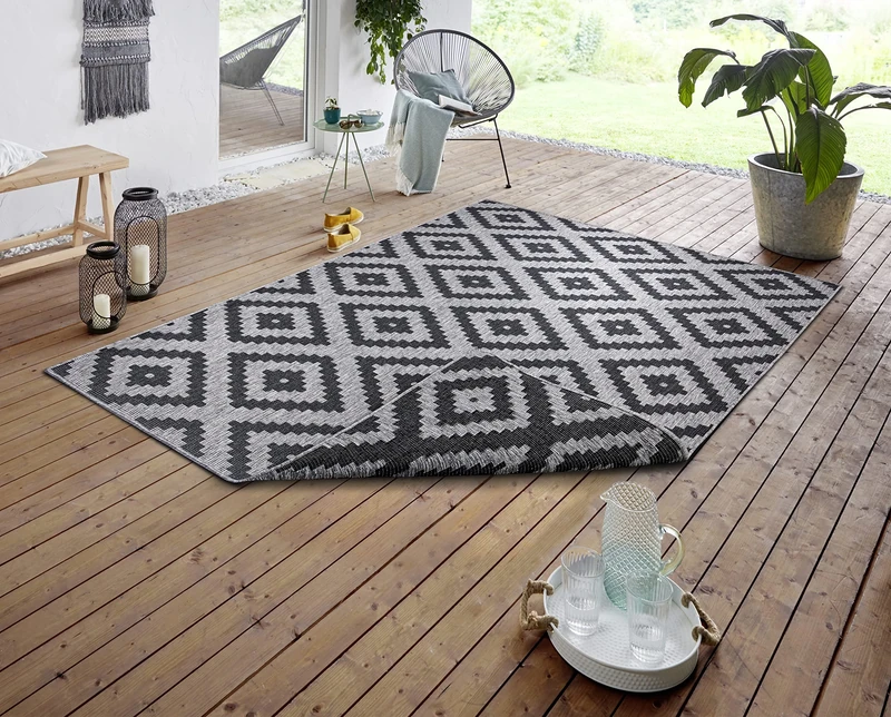 NORTHRUGS Indoor and Outdoor Malta Rug 160 x 230 cm - Reversible Rug Weatherproof Modern Geometric Pattern Rug for Balcony Patio Garden Conservatory Living Room Rug Waterproof in Night Silver