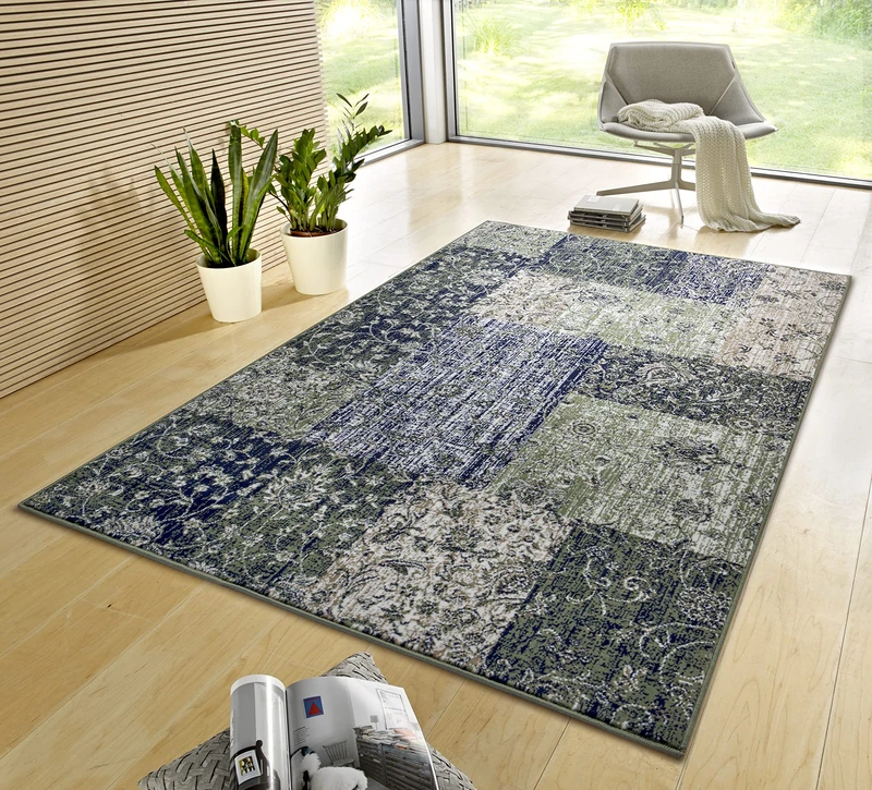 HANSE Home Kirie Rug - Patchwork Short Pile Modern Vintage Design Rugs for Dining Room, Living, Children's, Hallway, Bedroom, Kitchen - Green 120 x 170 cm, 105447-120x170