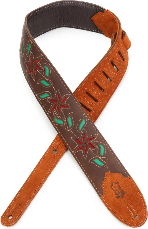 Levy's Flowering Vine Brown Leather Guitar Strap - Red Flowers Green Leaves - Image 1