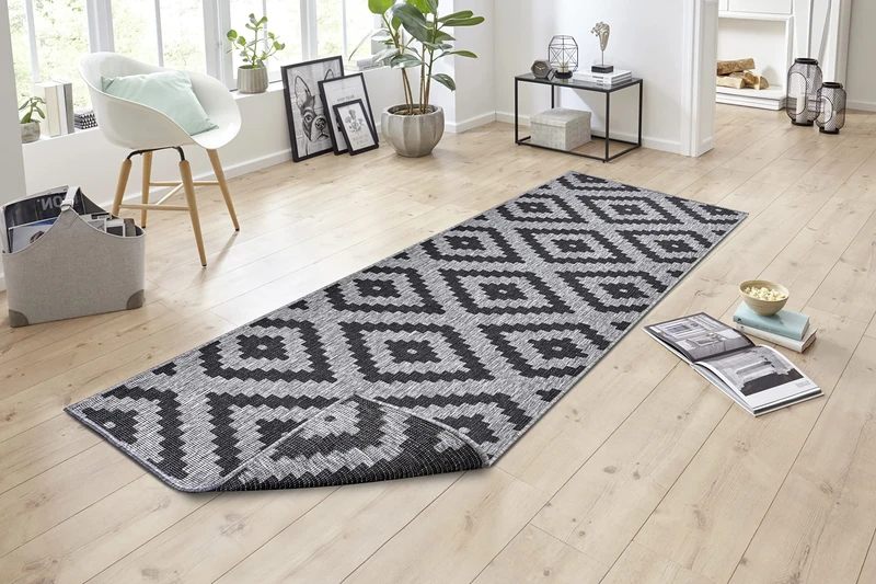 NORTHRUGS Malta Indoor and Indoor Rug, 80 x 350 cm, Reversible Rug, Weatherproof, Geometric Pattern for Balcony, Patio, Garden, Conservatory, Living Room Rug, Waterproof, in Night Silver, 105461-80