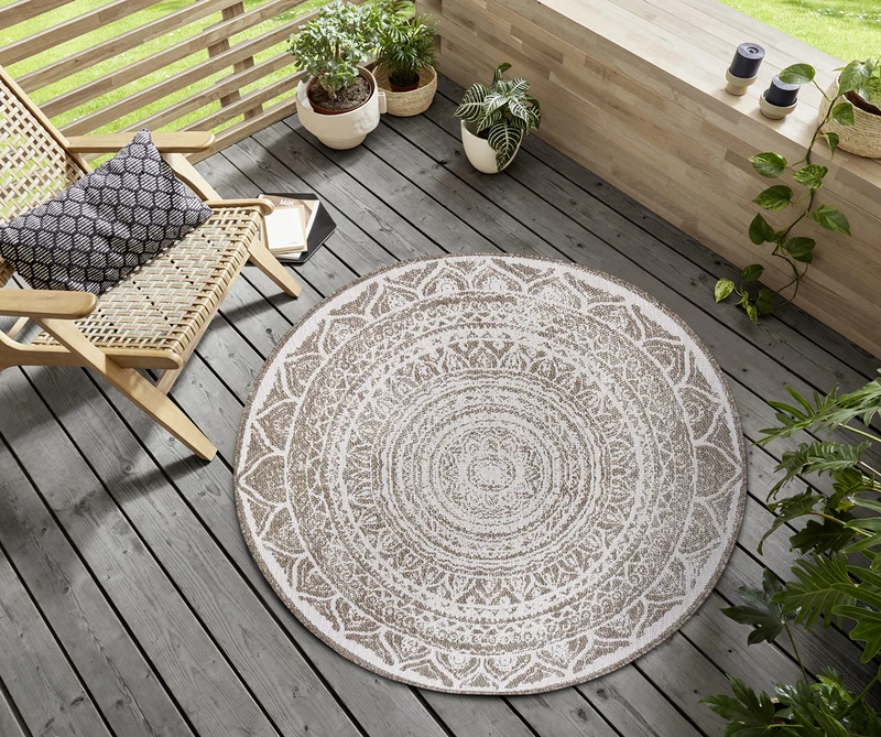 NORTHRUGS Indoor and Outdoor Rug Siruma Round Diameter 140 cm Reversible Rug Weatherproof Oriental Vintage Design Runner for Balcony Patio Garden Conservatory Living Room Waterproof