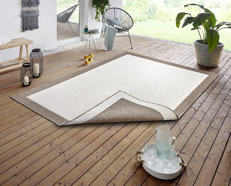 NORTHRUGS Panama Indoor and Outdoor Rug 120 x 170 cm - Reversible Rug Weatherproof Modern Plain Design with Border Runner for Balcony Patio Garden Conservatory Living Room Rug Waterproof Linen