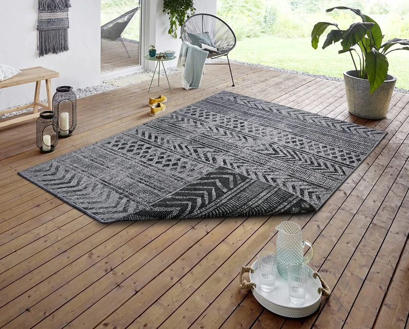NORTHRUGS Biri Indoor and Outdoor Rug 160 x 230 cm - Reversible Rug Weatherproof Oriental Vintage Design Rug for Balcony Patio Garden Conservatory Living Room Rug Waterproof in Night Silver