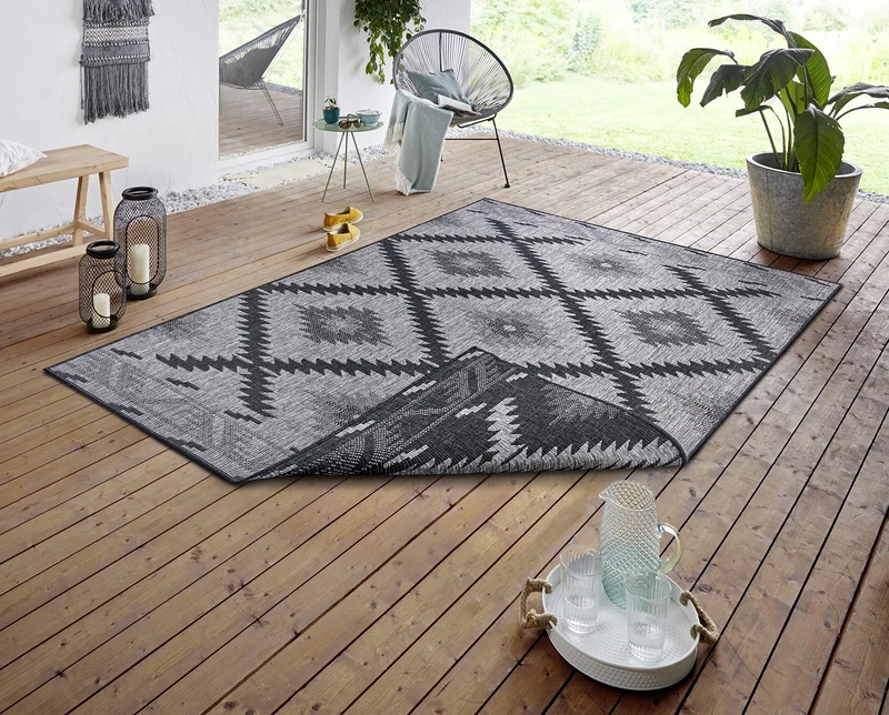 NORTHRUGS Malibu Indoor and Outdoor Rug 160 x 230 cm - Reversible Rug Weatherproof Modern Geometric Pattern Runner for Balcony Patio Garden Conservatory Living Room Rug Waterproof in Night Silver