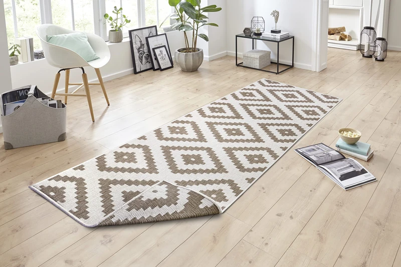NORTHRUGS Malta Indoor and Outdoor Rug, 80 x 350 cm, Reversible Rug, Weatherproof, Geometric Pattern for Balcony, Patio, Garden, Conservatory, Living Room, Waterproof in Linen, 105460-80 x 350 cm