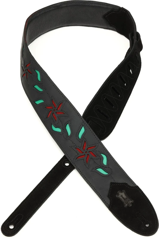 Levy's Flowering Vine Leather Guitar Strap - Black with Red Flowers