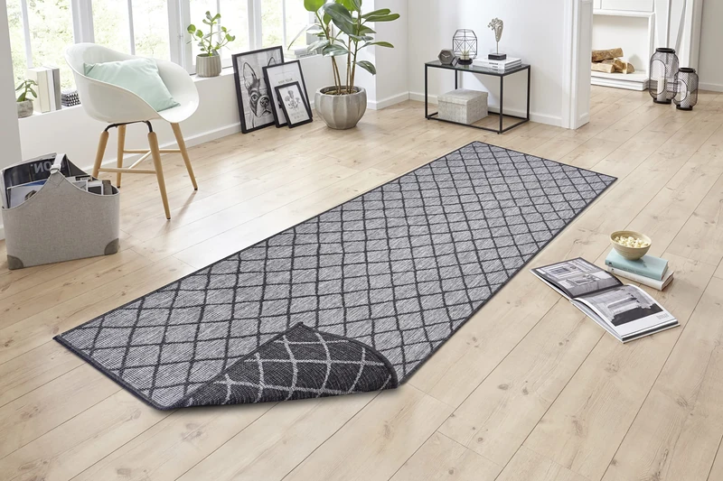 NORTHRUGS Malaga Indoor and Outdoor Rug 80 x 350 cm Reversible Rug Weatherproof Modern Geometric Pattern for Balcony Patio Garden Conservatory Kitchen Living Room Waterproof in Night Silver