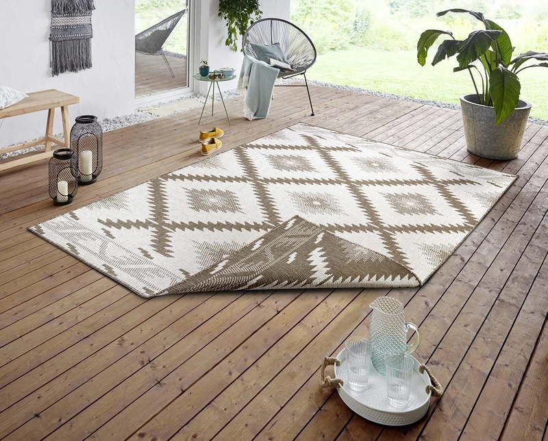 NORTHRUGS Malibu Indoor and Outdoor Rug 160 x 230 cm - Reversible Rug Weatherproof Modern Geometric Pattern Runner for Balcony Patio Garden Conservatory Living Room Rug Waterproof in Linen
