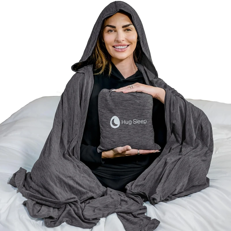 Hug Sleep, Hooded Sleep Pod The Original Cooling Machine Washable Wearable Blanket + Weighted Blanket Alternative for Men, Women, and Teens, Grey, Small