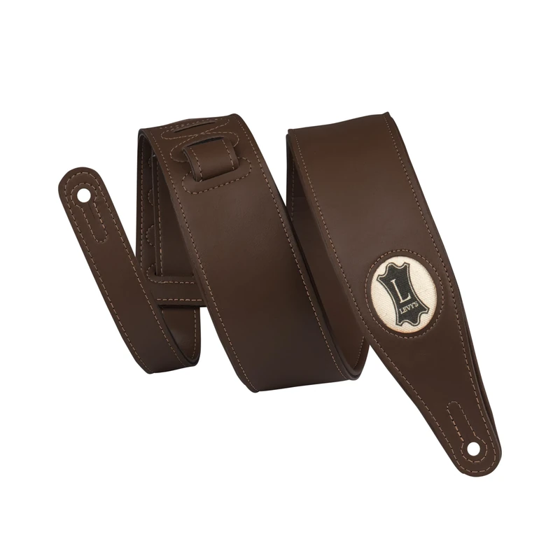 Levy's 2.5 Inch Padded Vegan Leather Strap Logo on Hemp Background Guitar, Dark Brown, 2.5