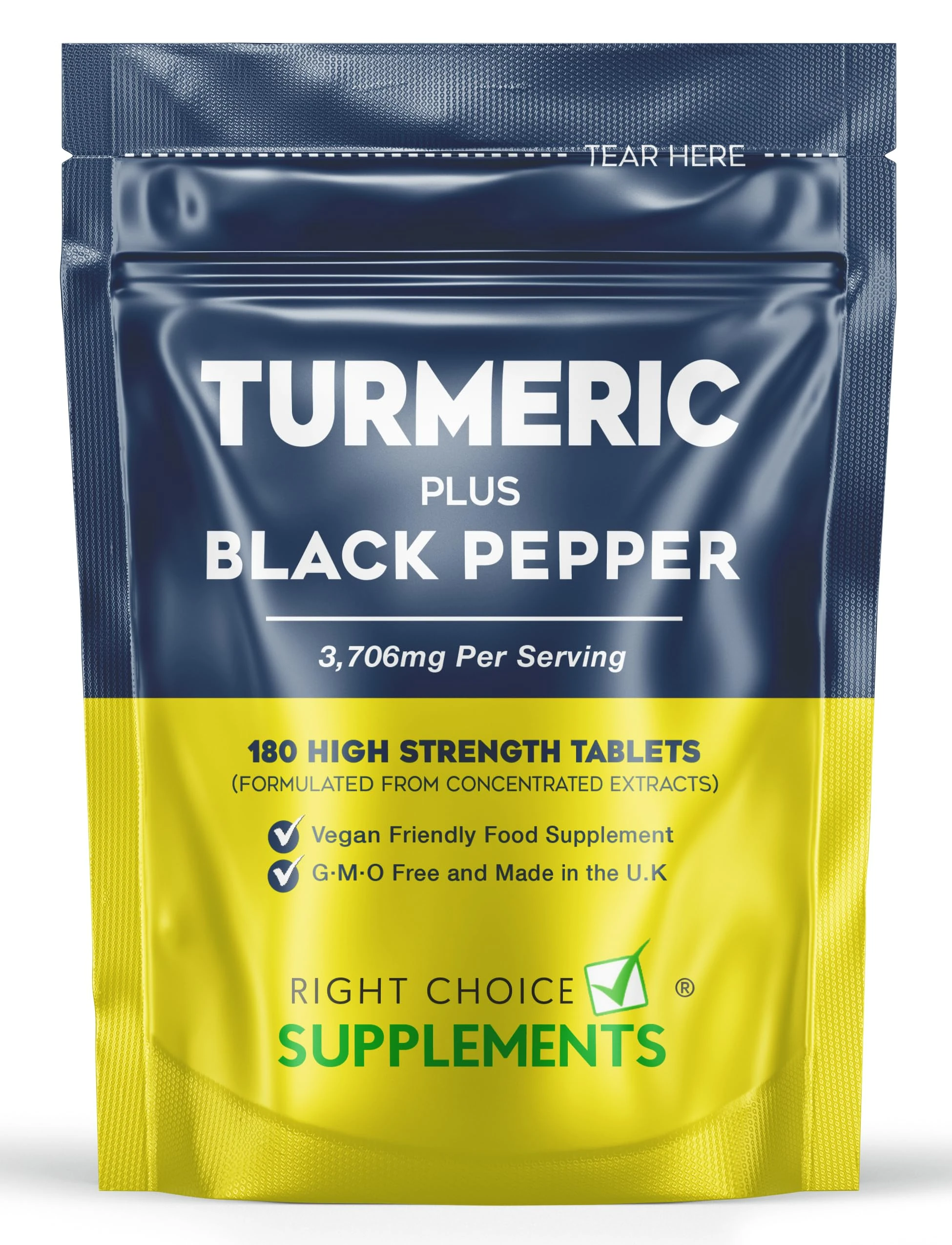 Turmeric Tablets 3200mg Per Serving with Black Pepper | 95% Curcuminoid Extract | 180 High Strength Curcumin Supplements Vegan Tablets | Piperine | UK Made