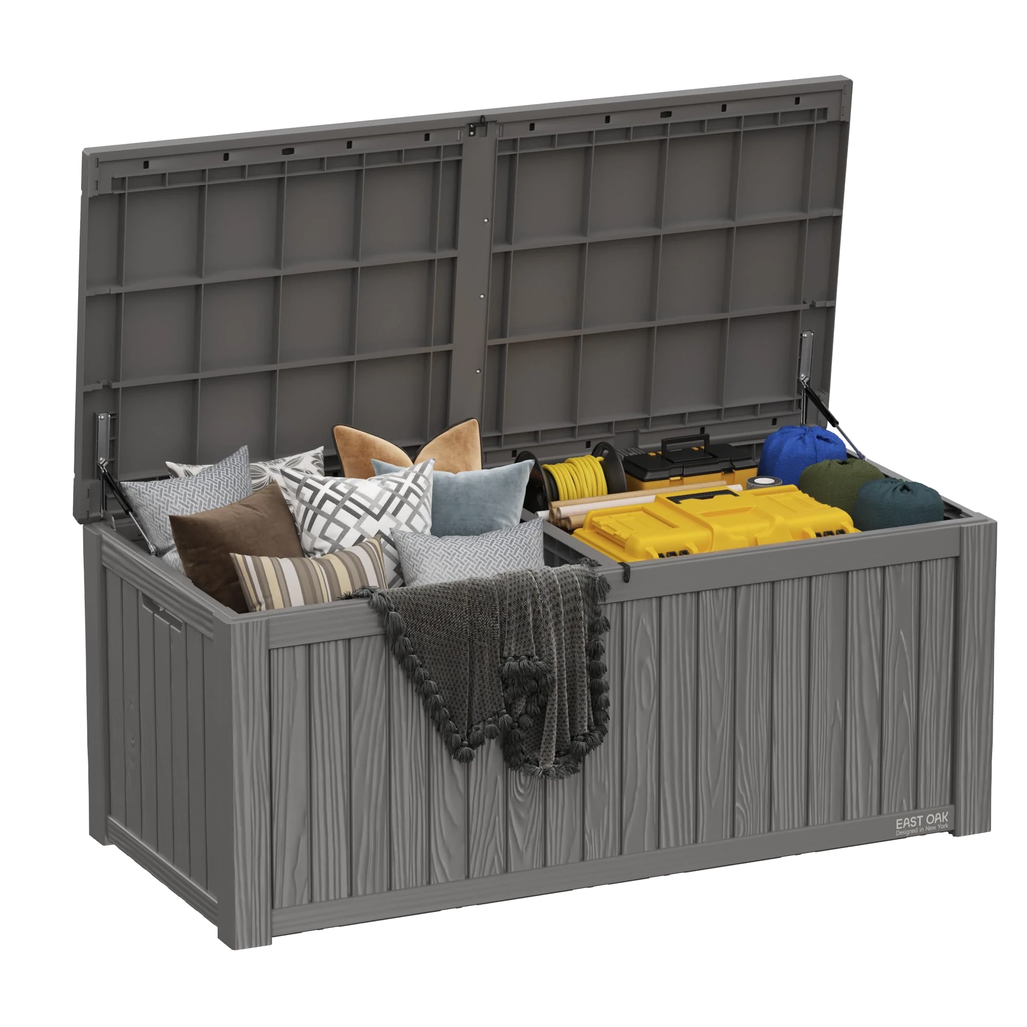EAST OAK Outdoor Storage Box, 150 Gallon Deck Box, Large Resin Storage Bin for Patio Cushions, Gardening Tools, Lockable, Waterproof and UV Resistant, Grey