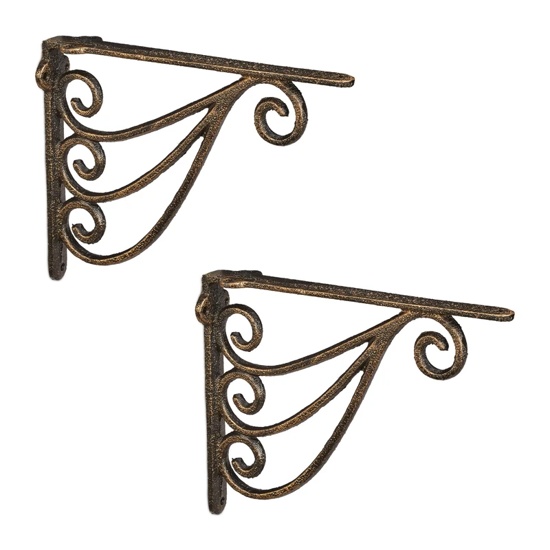Relaxdays 2x Shelf Brackets, Rack Support, Cast Iron, Vintage Look, HWD: 23.5 x 4 x 18 cm, Angle for Shelves; Bronze