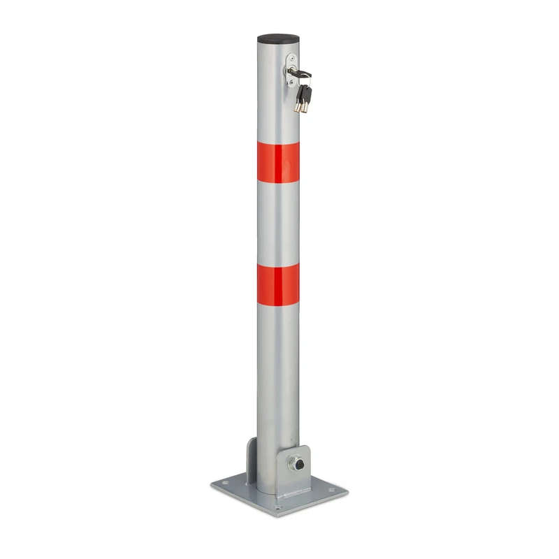 Relaxdays Barrier Post, Car Park Bollard, Foldable, Parking Space, HxWxD: 65 x 15 x 13 cm, Signal Stripes, Silver/Red