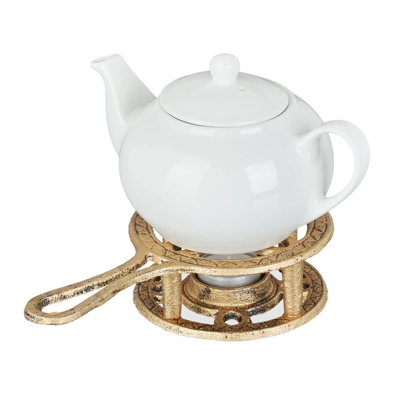Relaxdays Teapot Warmer, for Tea & Coffee Pots, Cast Iron, for Candle, Antique Design, Rustic, Gold, 5 x 22 x 12 cm