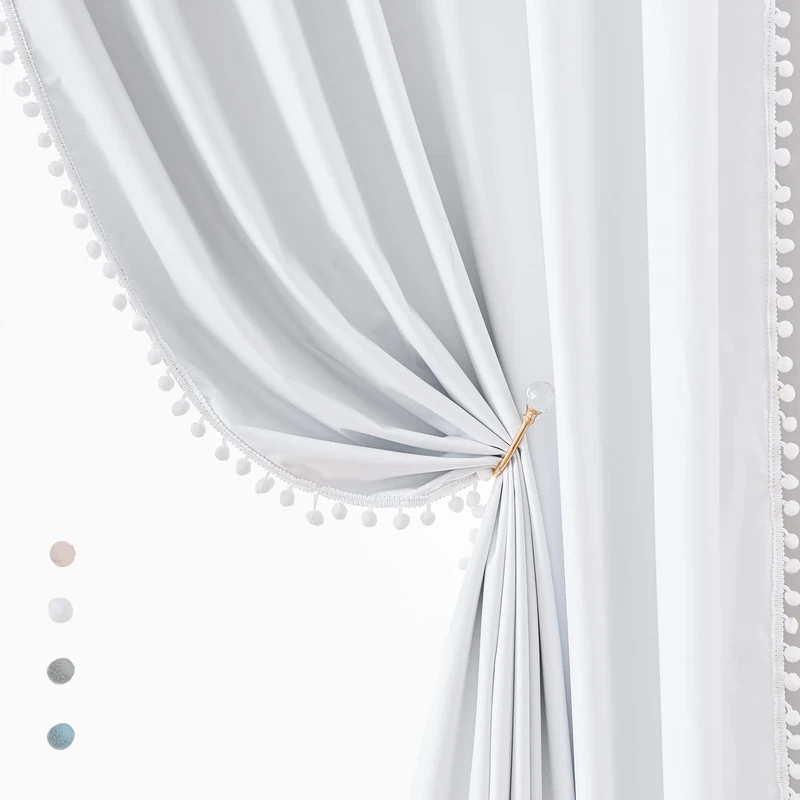 Treatmentex White Blackout Curtains for Living Room Bedroom 84inch Long Pom Pom Curtain Panels for Windows Thermal Insulated Curtains for Kids Nursery Room Rod Pocket 52" W x 2pcs