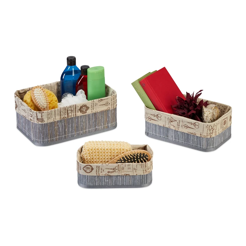 Relaxdays Set of 3 Storage Baskets, Bamboo with Fabric Lining, 3 Sizes, Shelf Tidy, Bathroom, Grey/Beige